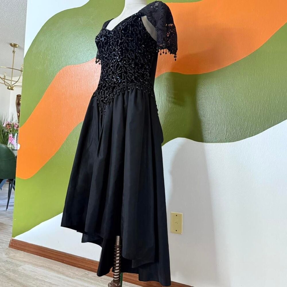 Vtg 80s Black Sequin Lace Drop Waist High Low Prom Dress Goth Whimsigoth Fairy M